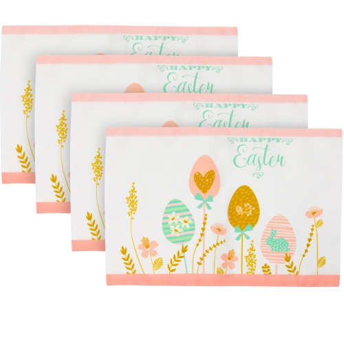 Pastel Eggs Happy Easter Floral Placemats - 18" - White and Pink - Set of 4