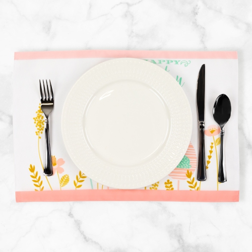 Pastel Eggs Happy Easter Floral Placemats - 18" - White and Pink - Set of 4