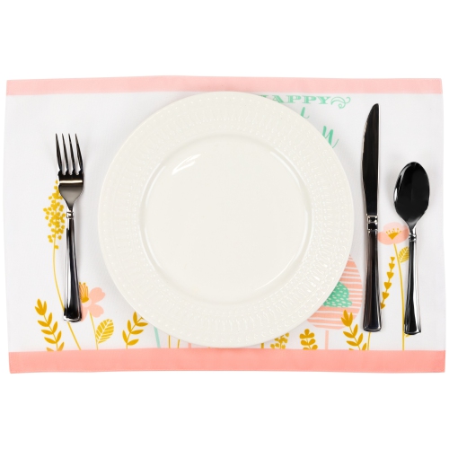 Pastel Eggs Happy Easter Floral Placemats - 18" - White and Pink - Set of 4