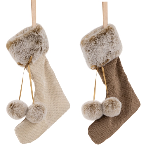 Plush Stockings Christmas Ornaments - 7.5" - Beige and Brown - Set of 2