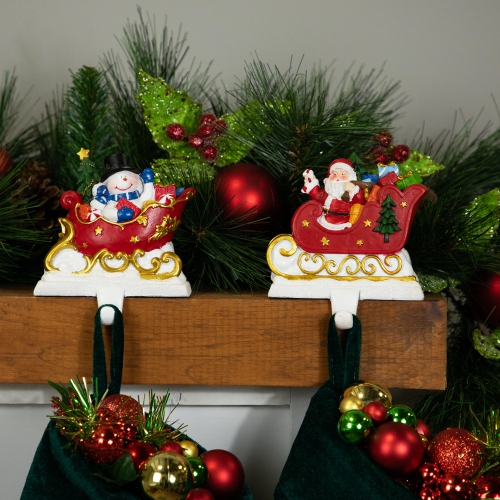Santa and Snowman Sleigh Ride Christmas Stocking Holders - 4.25" - Set of 2