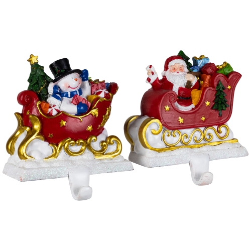 Santa and Snowman Sleigh Ride Christmas Stocking Holders - 4.25" - Set of 2