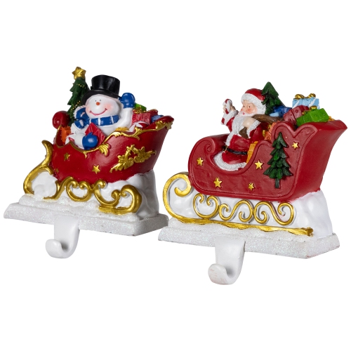 Santa and Snowman Sleigh Ride Christmas Stocking Holders - 4.25" - Set of 2