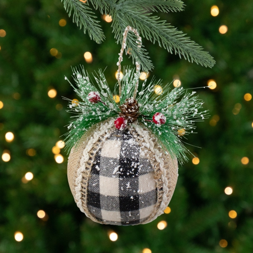NORTHLIGHT  Plaid With Burlap Christmas Ball Ornaments - 6" (152Mm) - Black And - 4Ct In White