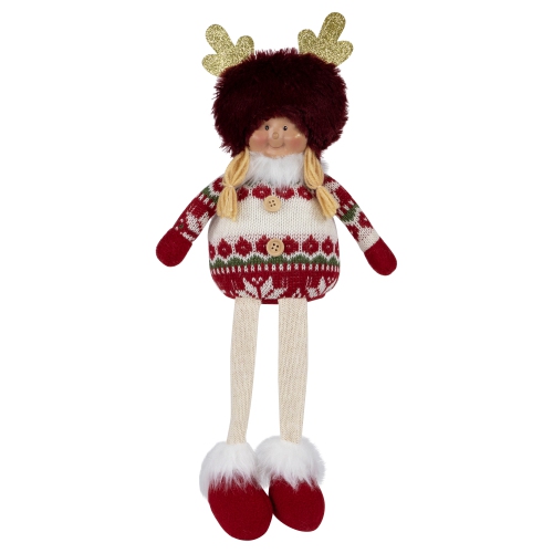 Sitting Plush Girl with Dangling Legs Christmas Figure - 16" - Cream and Red