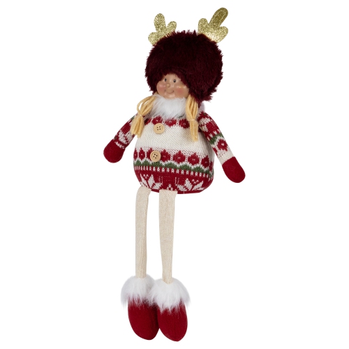 Sitting Plush Girl with Dangling Legs Christmas Figure - 16" - Cream and Red