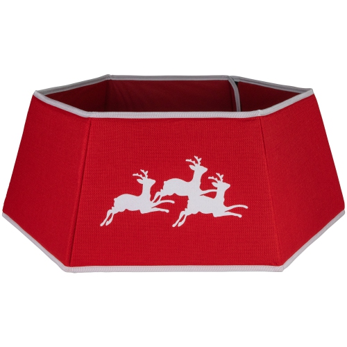 NORTHLIGHT  26" Burlap With Reindeer Hexagonal Christmas Tree Collar In Red