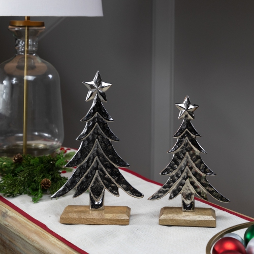 NORTHLIGHT  Pine Trees Textured Metal Christmas Decorations - 11" - Set Of 2