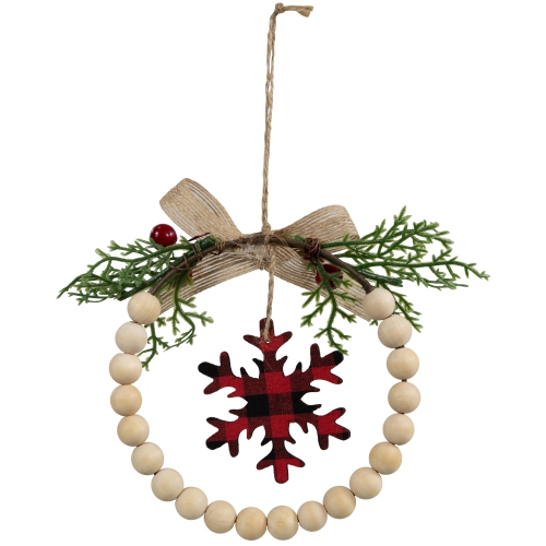 Couronne de Noël à motif écossais avec perles en bois et flocons de neige - 7 po