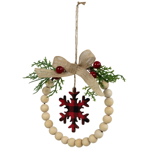 Couronne de Noël à motif écossais avec perles en bois et flocons de neige - 7 po