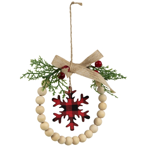 Couronne de Noël à motif écossais avec perles en bois et flocons de neige - 7 po