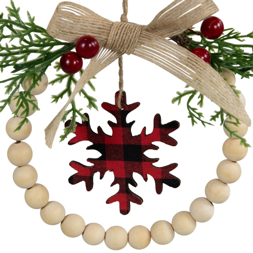 Couronne de Noël à motif écossais avec perles en bois et flocons de neige - 7 po