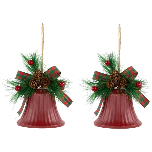 Bells with Pine Sprigs and Bow Christmas Ornaments- 7" - Red - Set of 2
