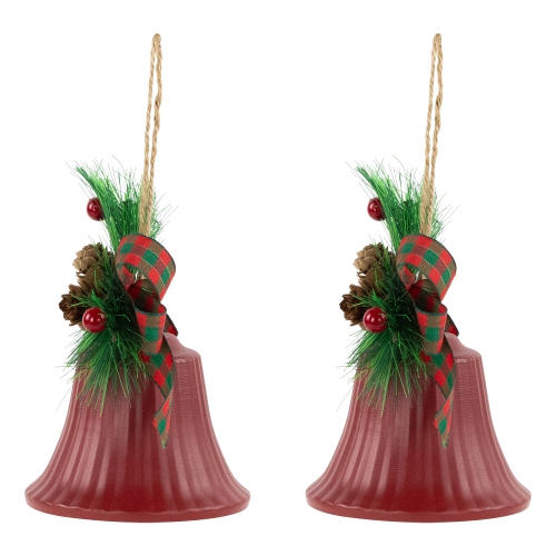 Bells with Pine Sprigs and Bow Christmas Ornaments- 7" - Red - Set of 2