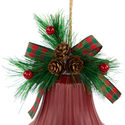Bells with Pine Sprigs and Bow Christmas Ornaments- 7" - Red - Set of 2