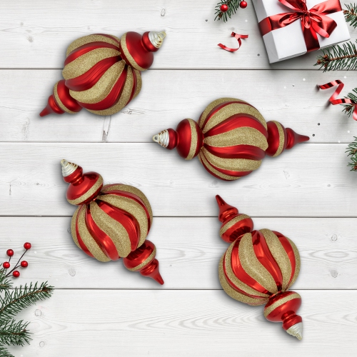 NORTHLIGHT  Shatterproof Commercial Size Finial Christmas Ornaments - 10" - And Gold - Set Of 4 In Red