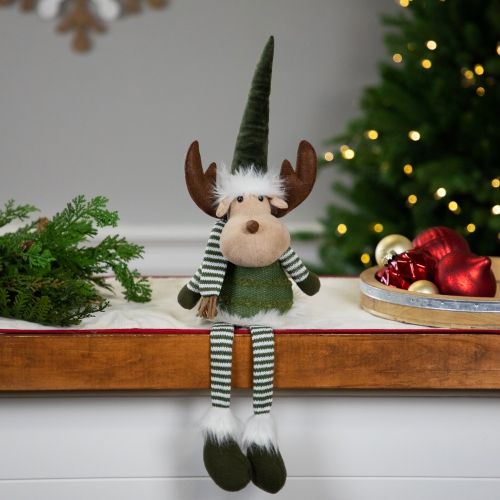 Dangling Striped Legs Sitting Moose Christmas Figure - 20" - Green and White
