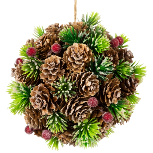 Pinecones, Berries and Pine Sprigs Frosted Christmas Ball Ornament - 5"