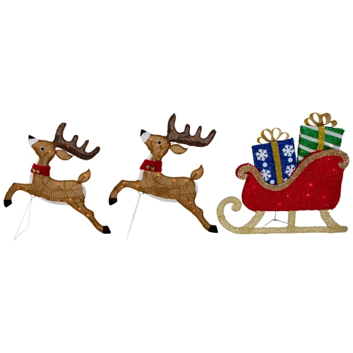 Set of 3 Lighted Reindeer and Sleigh Outdoor Christmas Decoration 25.25"