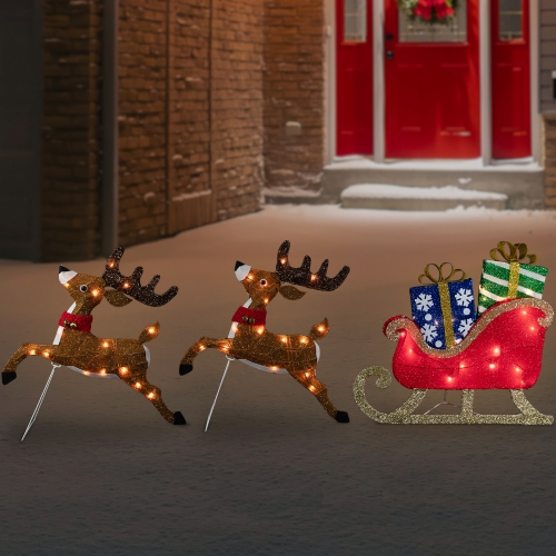 Set of 3 Lighted Reindeer and Sleigh Outdoor Christmas Decoration 25.25"