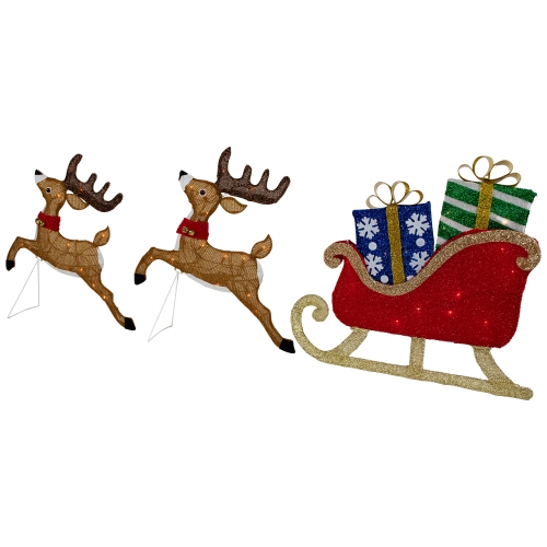 Set of 3 Lighted Reindeer and Sleigh Outdoor Christmas Decoration 25.25"
