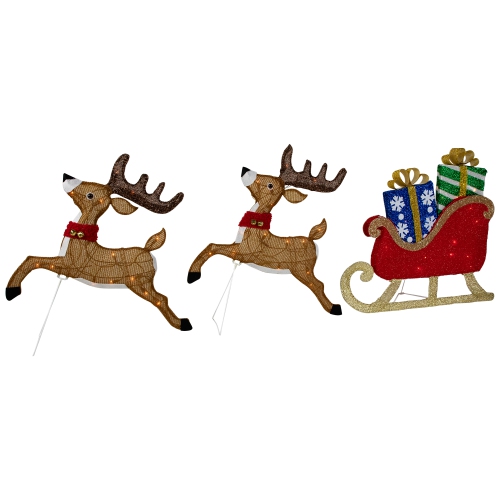 Set of 3 Lighted Reindeer and Sleigh Outdoor Christmas Decoration 25.25"