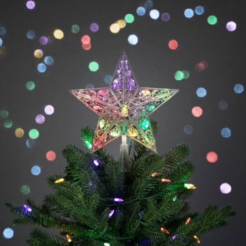 LED Lighted Battery Operated Color Changing Jeweled Star Christmas Tree Topper - 9.5"