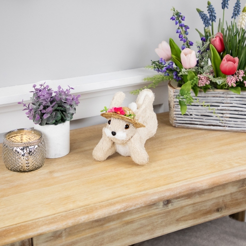 Rabbit with Floral Straw Hat Easter Figurine - 8.75" - Beige