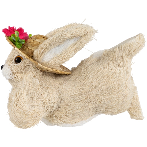 Rabbit with Floral Straw Hat Easter Figurine - 8.75" - Beige