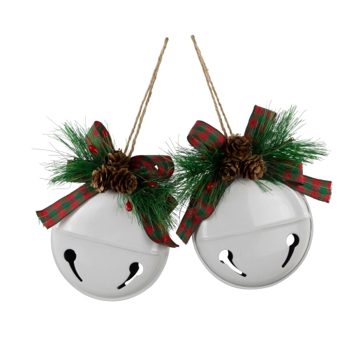 Jingle Bells with Pinecone Bows Disc Christmas Ornaments - 5" - White - Set of 2