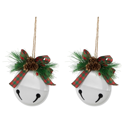 Jingle Bells with Pinecone Bows Disc Christmas Ornaments - 5" - White - Set of 2