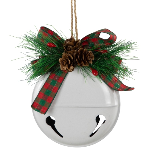 Jingle Bells with Pinecone Bows Disc Christmas Ornaments - 5" - White - Set of 2
