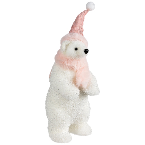 Glittery Polar Bear In Winter Hat Christmas Figurine - 10.5"