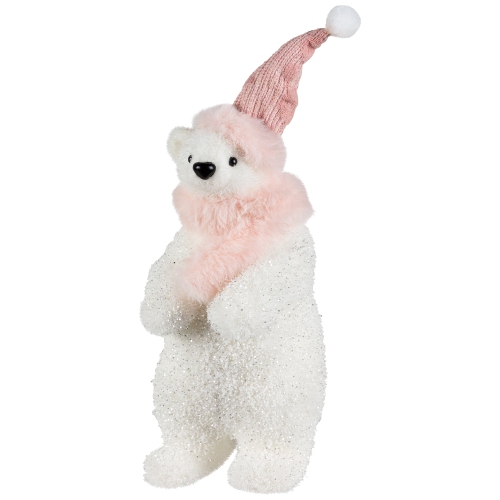 Glittery Polar Bear In Winter Hat Christmas Figurine - 10.5"
