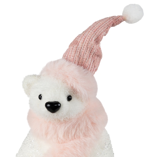 Glittery Polar Bear In Winter Hat Christmas Figurine - 10.5"