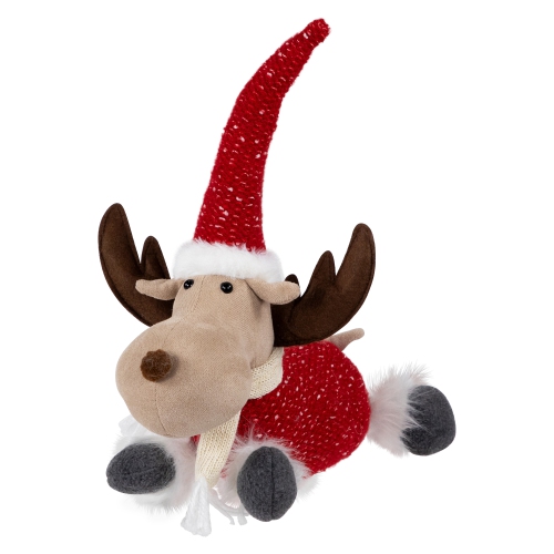 Laying Plush Moose Christmas Figure - 12" - Red and White