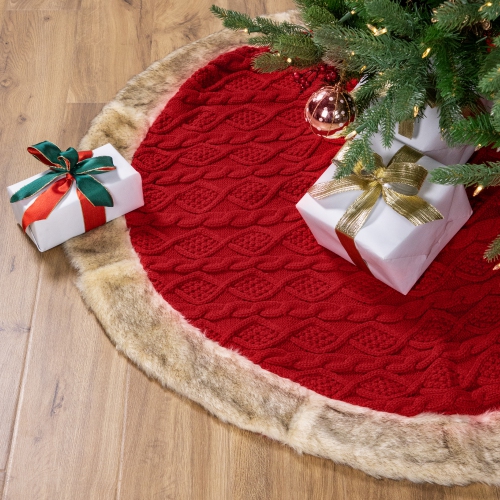 Cable Knit Christmas Tree Skirt with Faux Fur Trim- 48" - Red