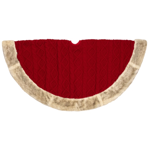 Cable Knit Christmas Tree Skirt with Faux Fur Trim- 48" - Red