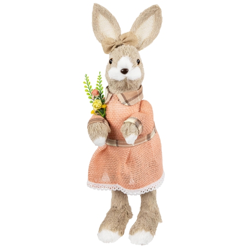 NORTHLIGHT  Rustic Girl Rabbit Easter Figure With Flowers - 15.25" - In Beige