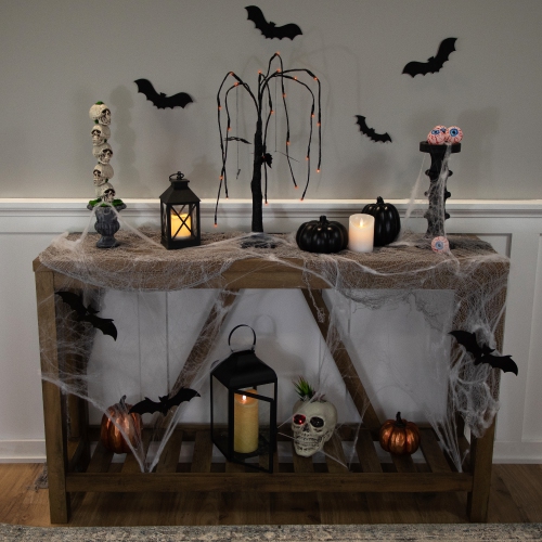 LED Lighted Glittered Halloween Willow Tree with Bats - 24" - Orange Lights