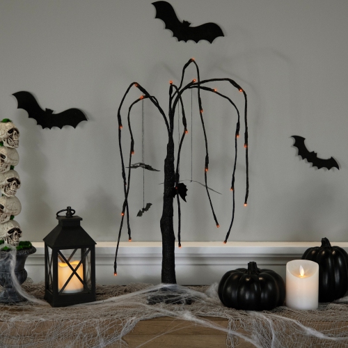 LED Lighted Glittered Halloween Willow Tree with Bats - 24" - Orange Lights