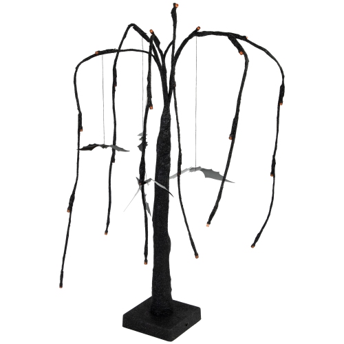 LED Lighted Glittered Halloween Willow Tree with Bats - 24" - Orange Lights