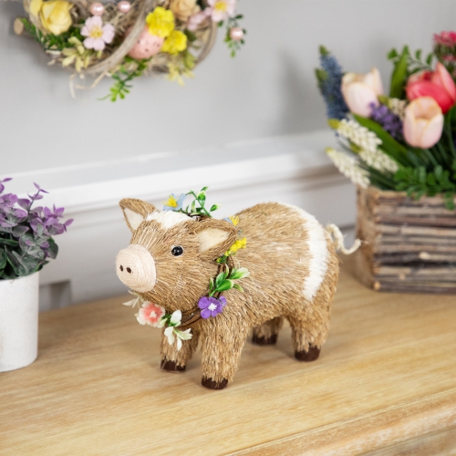 Boy Piglet with Floral Wreath Spring Figurine - 10.25" - Brown and Beige