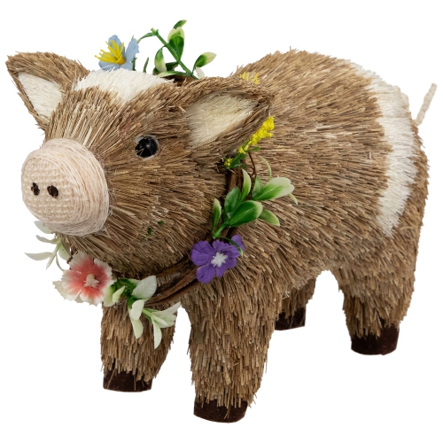 Boy Piglet with Floral Wreath Spring Figurine - 10.25" - Brown and Beige