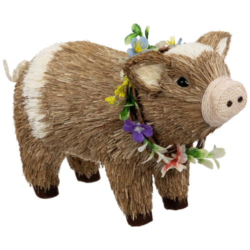 Boy Piglet with Floral Wreath Spring Figurine - 10.25" - Brown and Beige