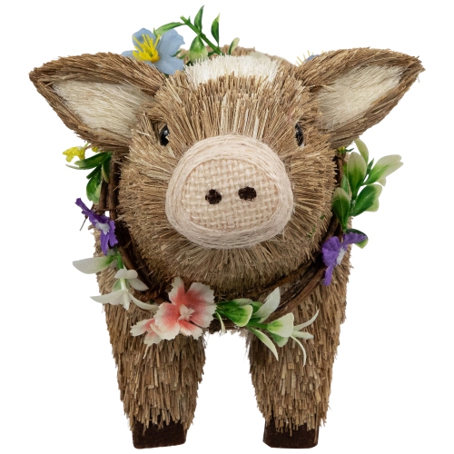 Boy Piglet with Floral Wreath Spring Figurine - 10.25" - Brown and Beige