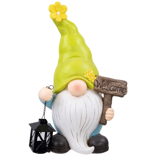 Welcome Gnome with Lantern Outdoor Garden Statue - 17.75"