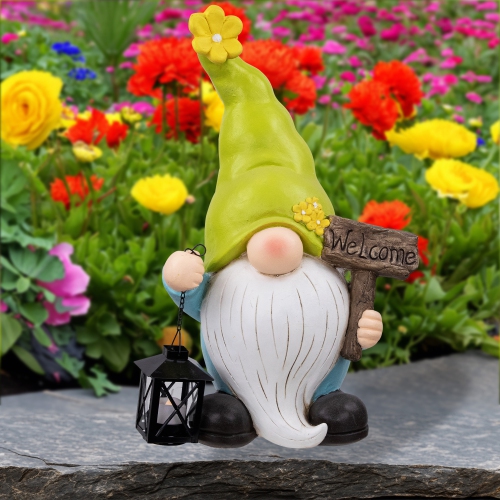 Welcome Gnome with Lantern Outdoor Garden Statue - 17.75"