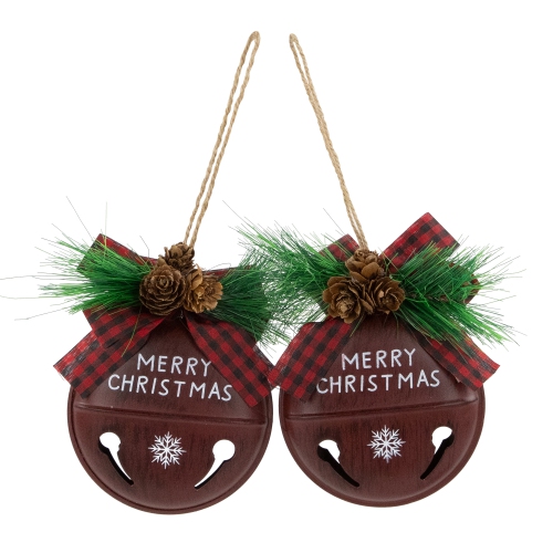 Jingle Bell "Merry Christmas" Disc Christmas Ornaments - 5" - Burgundy - Set of 2