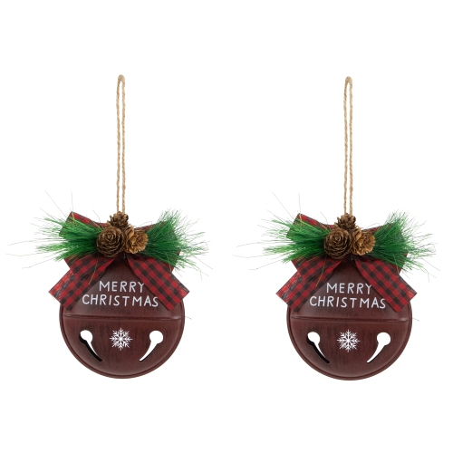 Jingle Bell "Merry Christmas" Disc Christmas Ornaments - 5" - Burgundy - Set of 2